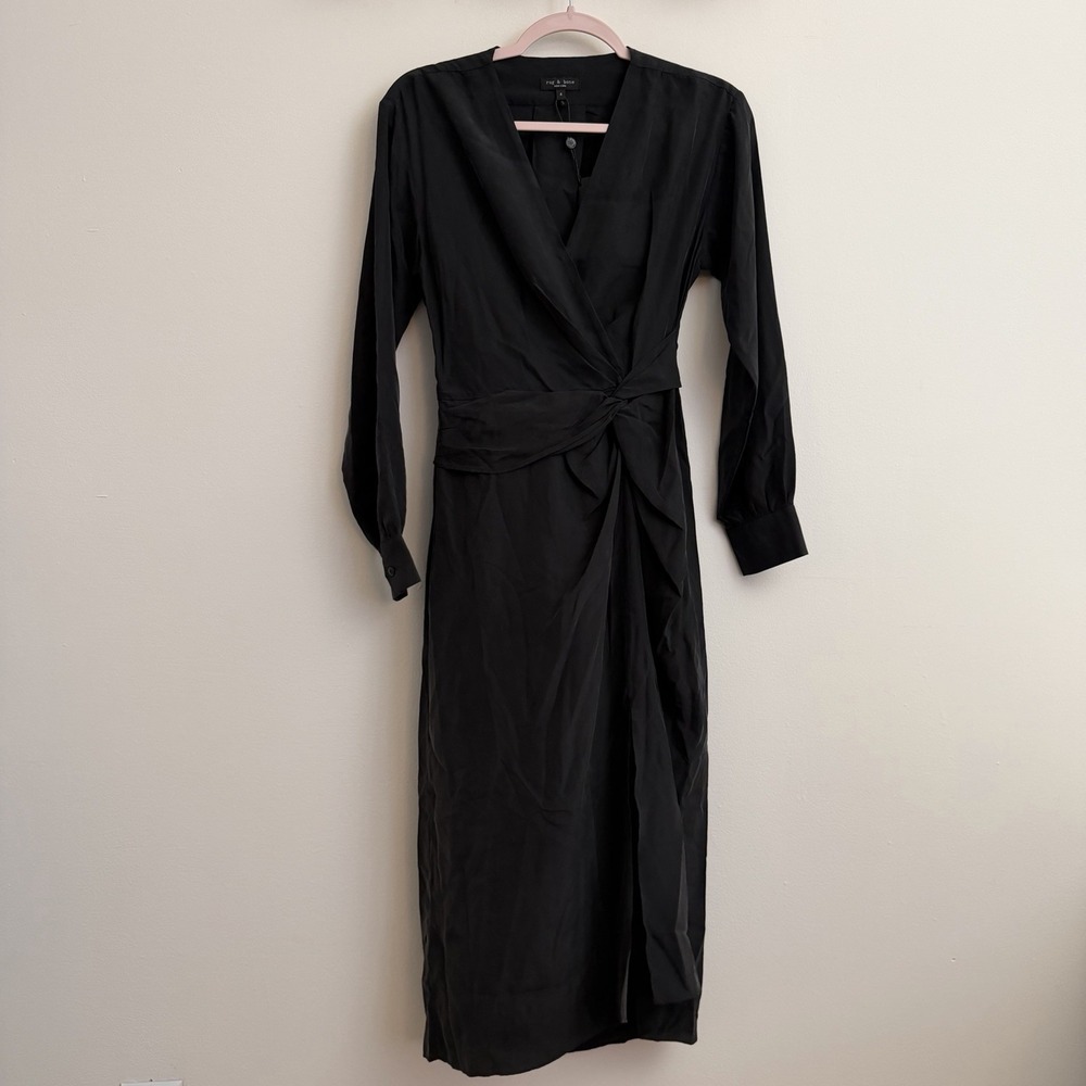 NWT Rag & Bone Amber Black 100% Silk Wrap Midi Dress Size 4 Designer LBD Evening